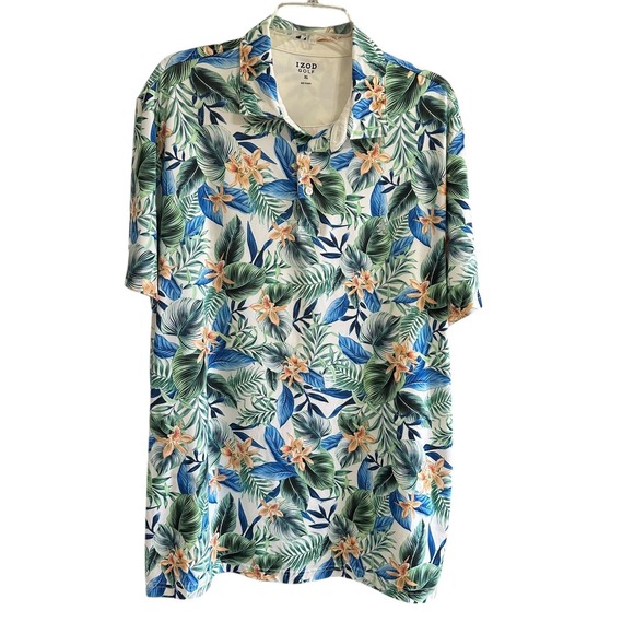 Izod Other - IZOD Golf Mens XL‎ Tropical Floral Palm Print Performance Polo Shirt Blue Green